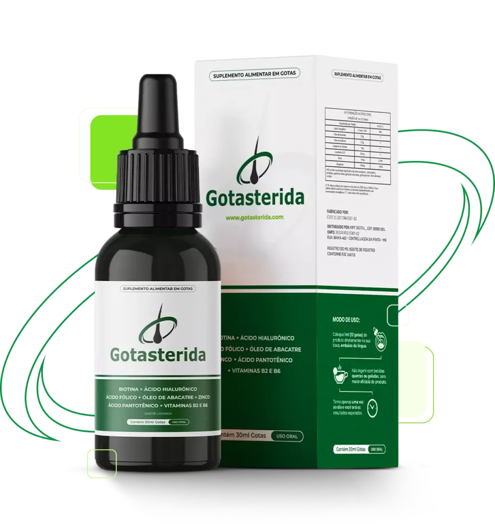 Frasco de Gotasterida com design moderno, suplemento natural formulado para apoiar a saúde e o bem-estar geral