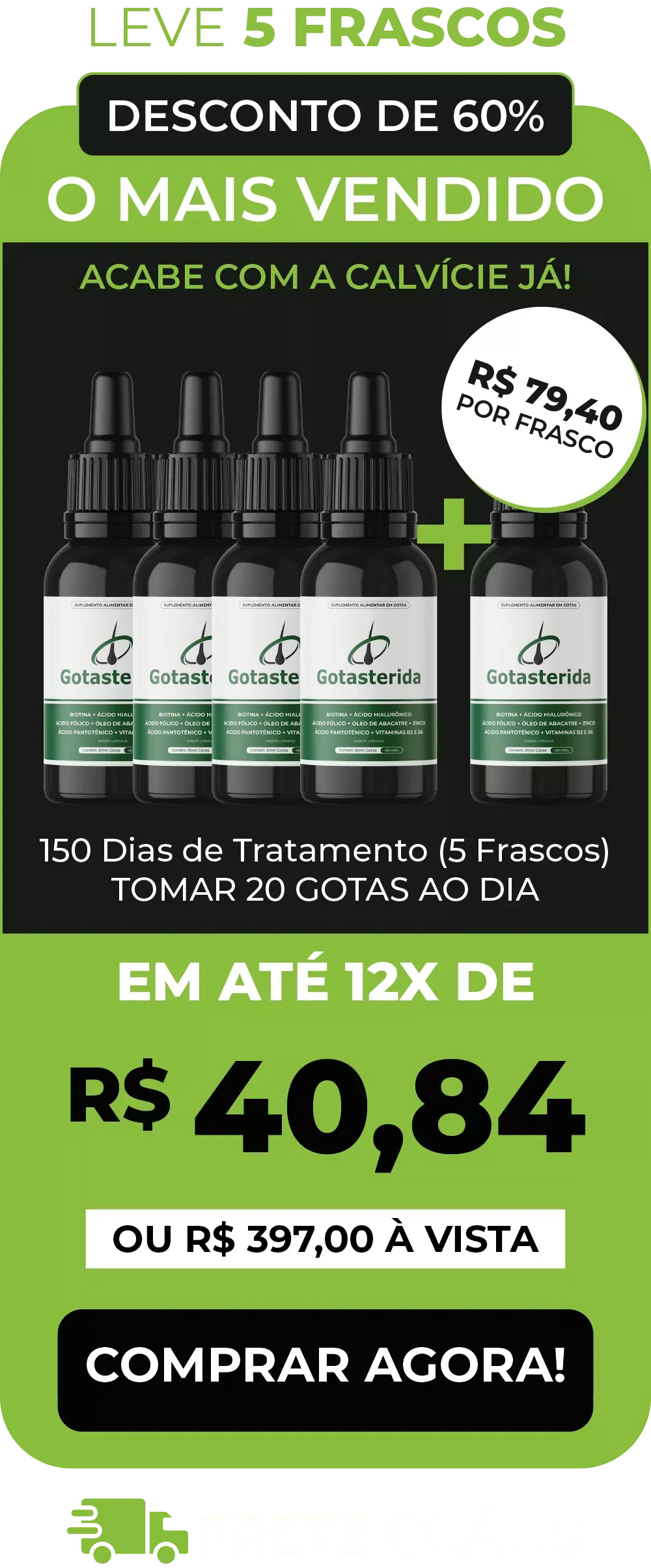 Kit com 5 frascos de Gotasterida, solução prática e duradoura para combater a calvície e fortalecer o crescimento capilar